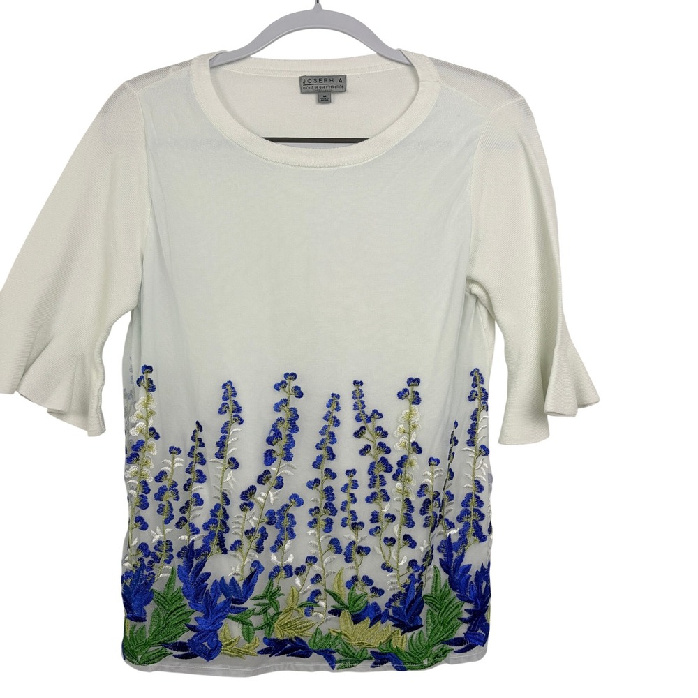 Joseph A Embroidered Floral Ruffle Bell Sleeve Top Medium White Blue